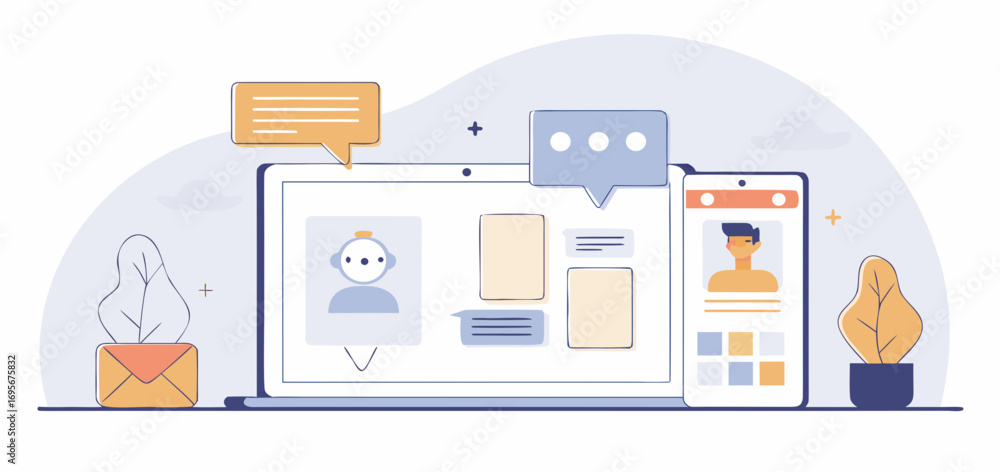 Poster pastel-colored illustration depicting a laptop screen displaying a user profile with communication e