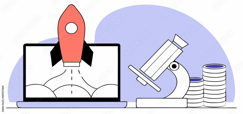 Poster red rocket launching from a screen beside a microscope and data stacks on a light purple background.