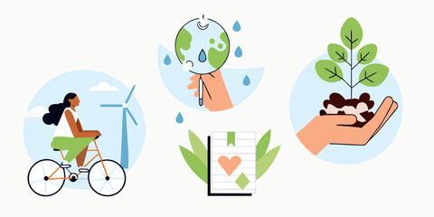 Illustration of sustainable living with cycling water conservation planting and eco friendly practices