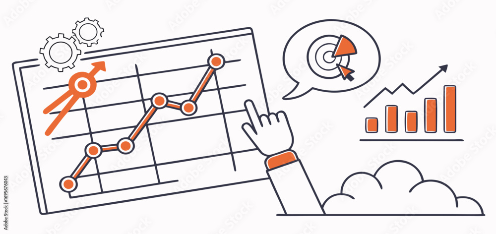 Poster illustration showing a hand pointing at a line graph with upward trend, accompanied by bar and pie c
