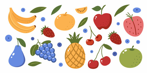 A vibrant and colorful collection of assorted fruits and berries scattered across a white background