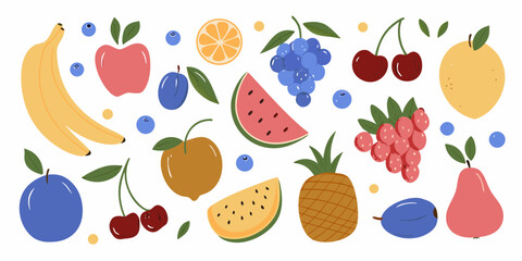 A vibrant and colorful collection of assorted fruits arranged in a playful pattern on a white background