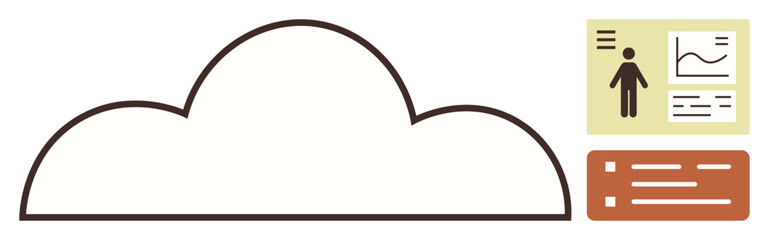 Cloud icon with data charts, user profile, and list interface highlights cloud storage, management, and analytics. Ideal for technology, data processing, IT solutions, business strategy and app