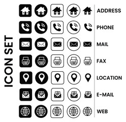 Web icon set, business card icon concept, address, phone, mail, fax, location, e-mail, web, and website icon vector symbol for contact us