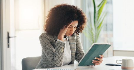Business, woman and headache with tablet in office for trading mistake, bad investment and stress....