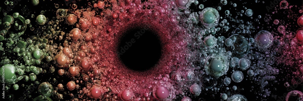Poster colorful abstract representation of bubbles and spheres in a dark background creating a mesmerizing 