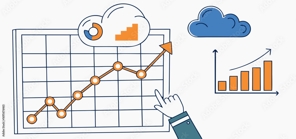 Poster hand interacts with a line graph showing upward trend, alongside bar and pie charts, suggesting data