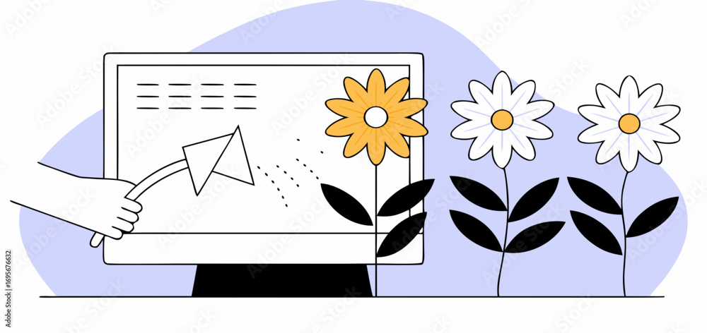 Poster a hand interacts with a computer screen displaying upward trending data alongside illustrated flower