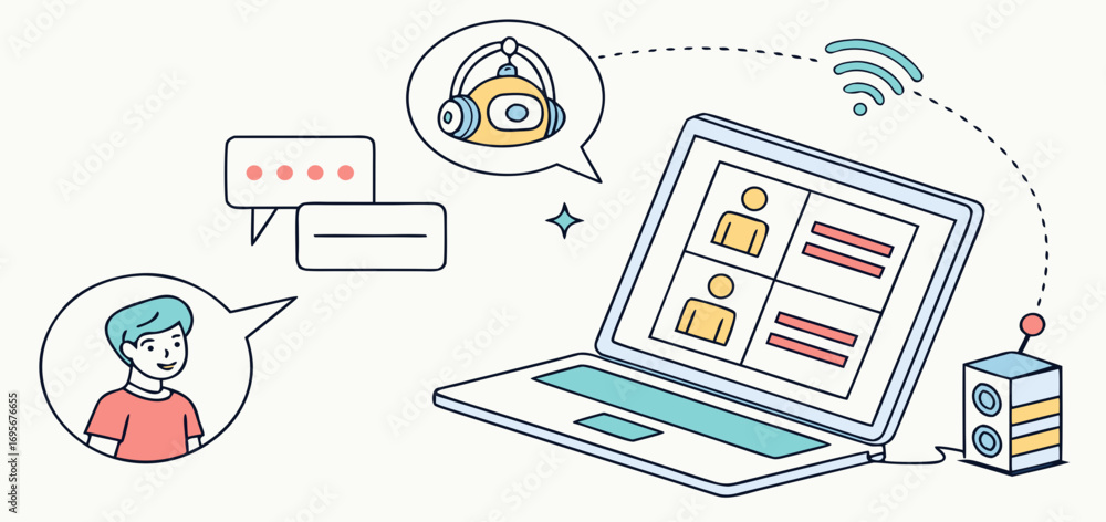Poster Illustration depicting a laptop screen displaying an online chat interface with user avatars and messaging icons.  Simple line art style.