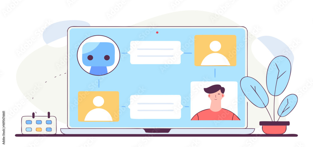 Poster a stylized illustration shows a laptop displaying a communication network with avatars and message b