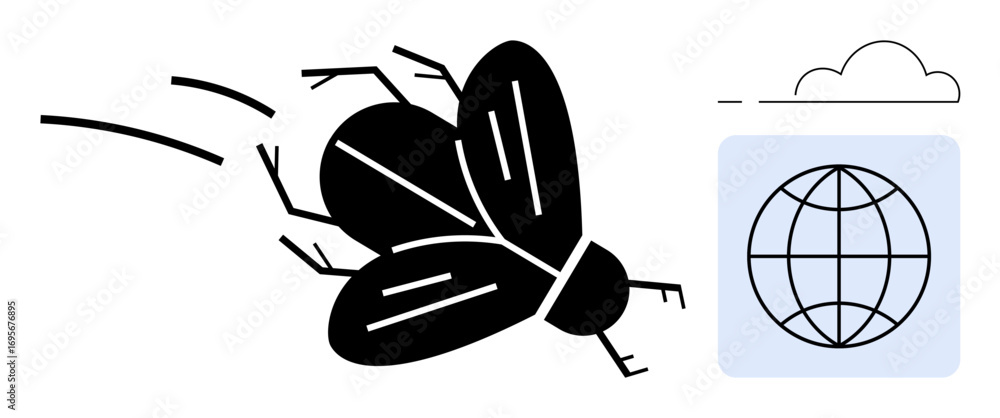 Poster black insect in motion alongside a globe icon symbolizing connectivity, cloud, and networking. ideal