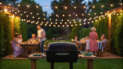A lively outdoor gathering at night with string lights, a barbecue grill, and family enjoying dinner in a lush backyard setting.