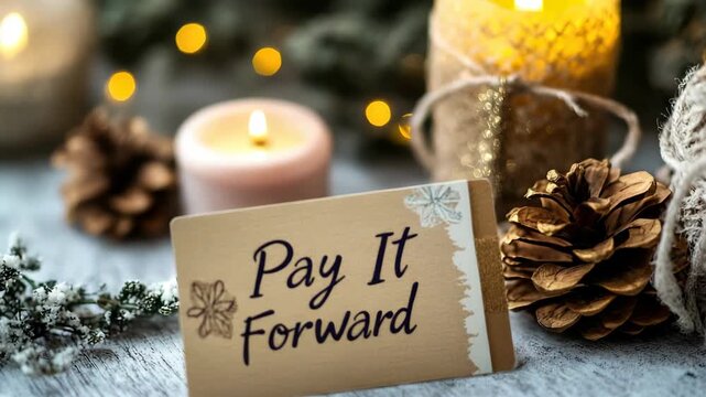 Card reading "Pay It Forward" surrounded by festive decorations including pine cones, candles, and twinkling lights