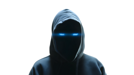 Hooded figure with glowing blue eyes on transparent background