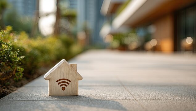 Wooden house wifi symbol on paving