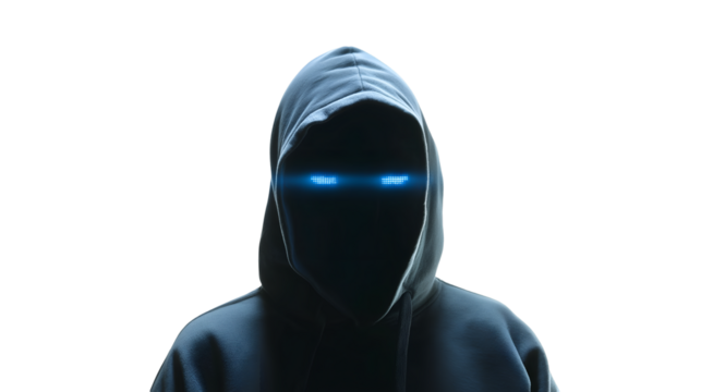 Hooded figure with glowing blue eyes on transparent background