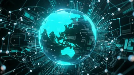 A futuristic digital Earth globe rotating amidst a vibrant network of glowing data lines and connected nodes, symbolizing global communication, technology, and interconnectedness. - Powered by Adobe