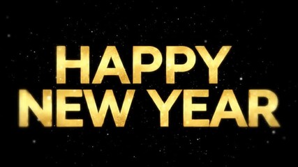 Golden 'Happy New Year' text shimmering against a dark background with subtle sparkles, perfect for festive greetings and celebrations