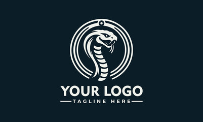 Obraz premium A stylized white cobra snake logo design, coiled within a circular frame, with text.