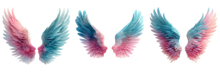 Obraz premium Set of Angel wings in soft pastel tones on white background, symmetrical composition, natural feather details on transparent png background. Ai generated
