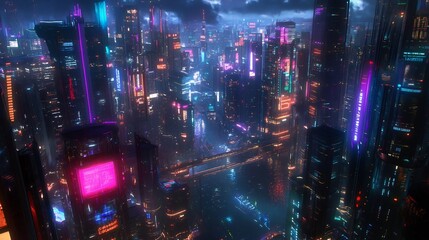 Fototapeta premium Neon Cyberpunk Cityscape: A Vibrant, Futuristic Night Scene