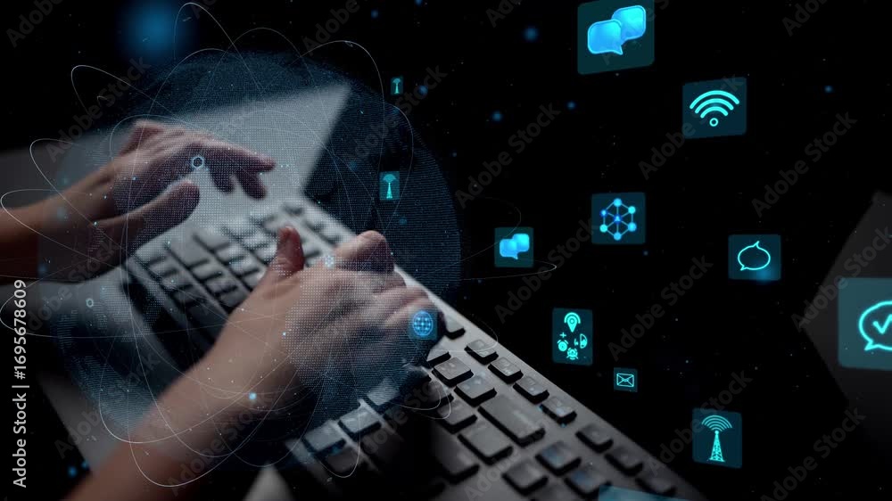 Poster a close-up image featuring hands typing on a keyboard with glowing digital icons representing techno