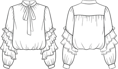 Elegant ruffled sleeve blouse design, women’s fashion top with bow tie neck, stylish long sleeve shirt flat sketch illustration