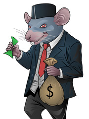 Cartoon illustration of a rat character dressed in a suit and top hat, holding a bag of money