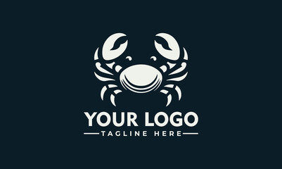 A stylized white crab illustration with claws raised, centered above placeholder text for a logo and tagline.