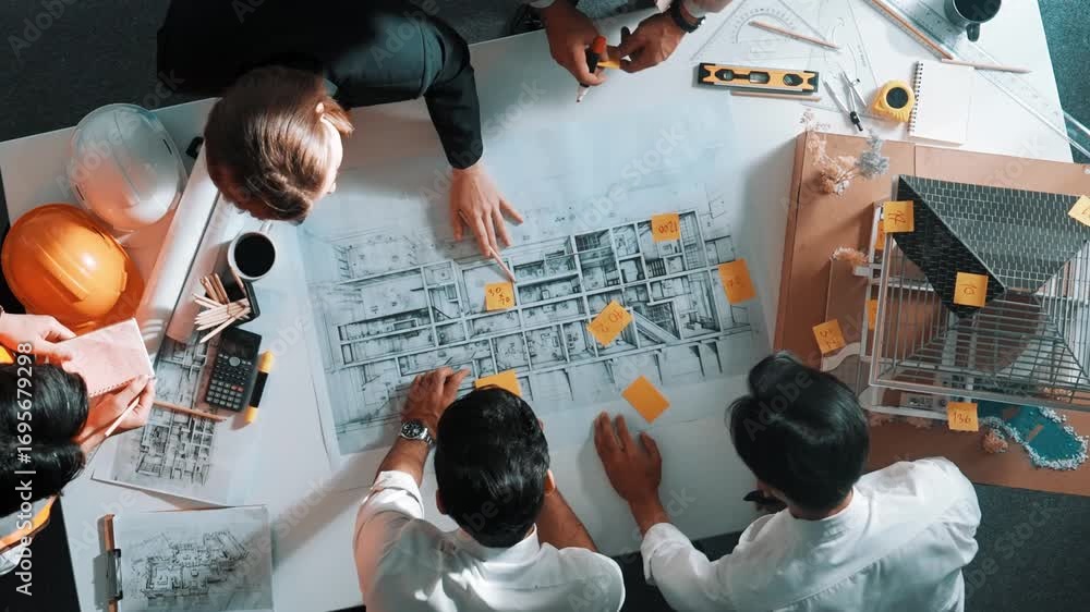 Poster time lapse of professional engineer team talking about house construction. aerial view of group of a