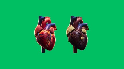 Side-by-side healthy and smoking damaged heart, 3D anatomical illustration showing a normal heart compared with a smoking-damaged heart.