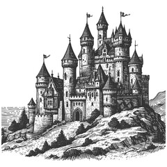 Obraz premium grand medieval castle on a hill with high towers, gates, cottages, and surrounding landscape sketch engraving generative ai vector illustration. Scratch board imitation. Black and white image.