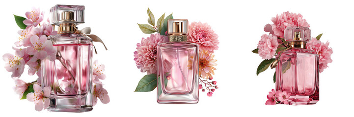 Set of Assorted designer perfume bottles with reflections on a glossy white surface, artistic composition, luxurious styling on transparent png background. Ai generated