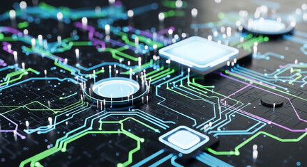 Modern futuristic glowing circuit board design conveys technology, innovation, and advanced connectivity