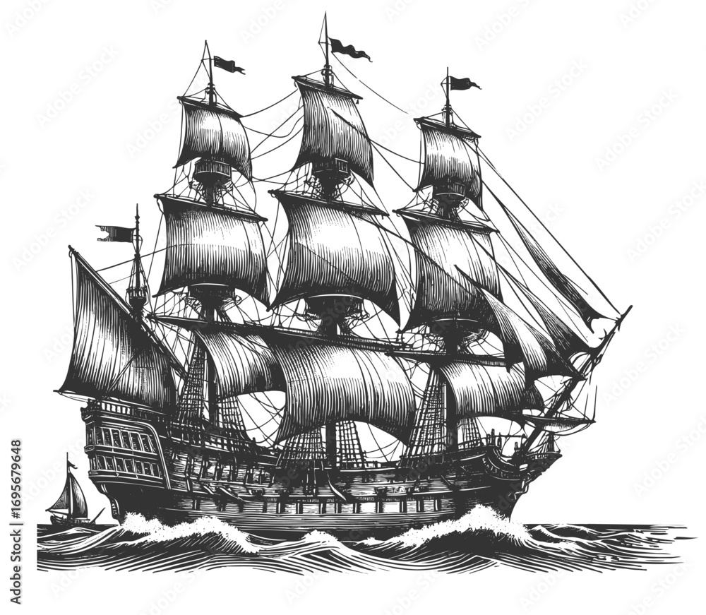 Poster large historic sailing ship with full rigged masts and sails, navigating the ocean waves sketch engr