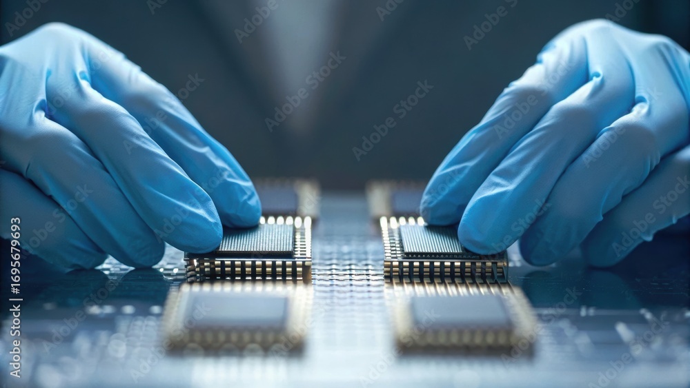 Poster hands wearing blue gloves handle microchips on a circuit board, emphasizing precision in technology 
