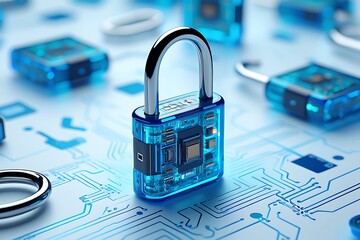 Futuristic padlock with circuit board background symbolizing generative AI security. Concept of digital privacy, encryption, data protection, firewall, and cybersecurity defense. Perfect for modern.