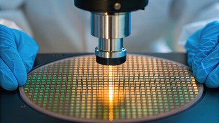Close-up of a scientist examining a semiconductor wafer under a microscope with blue gloves, showcasing advanced technology in semiconductor manufacturing.