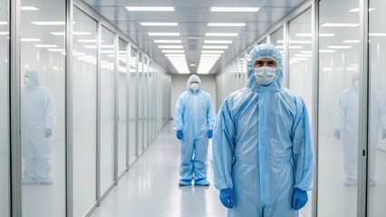 Fototapeta premium Medical professionals in protective gear stand in a sterile corridor, emphasizing safety and cleanliness in a controlled environment.