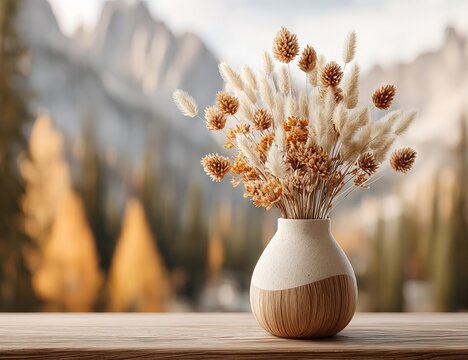 Dried flower arrangement in vase, autumnal landscape