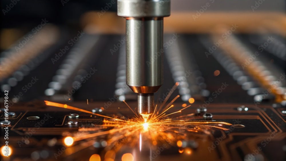 Poster close-up of a laser cutting through a circuit board, showing sparks and precision in technology and 