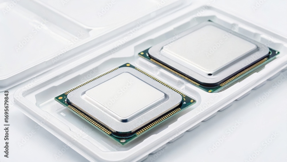 Poster two computer processors packaged in a clear plastic container, showcasing their sleek design and int