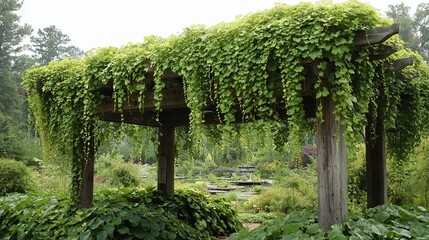 Wooden pergola covered in lush green vines in a garden setting.