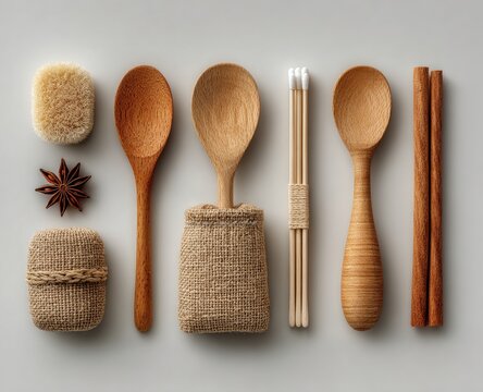 Wooden utensils and natural items arranged on a light background