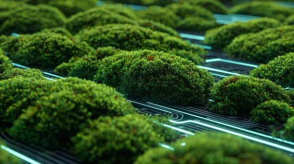 Sustainable Technology: Lush Green Moss Growing on Glowing Circuit Board Pathways Illustrating Eco-Friendly Computing
