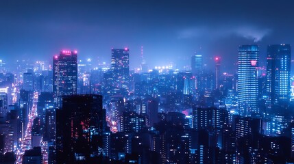 Fototapeta premium Night Cityscape: Electric Blue and Pink City Towers at Dusk