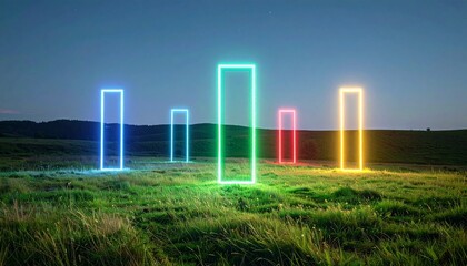Vibrant rectangular neon light frames illuminating a natural landscape at dusk, symbolizing a futuristic interface or digital portal concept