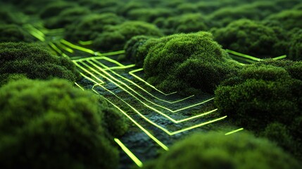 Glowing Pathways Through Mossy Terrain: A Fusion of Nature and Technology Artistically Rendered