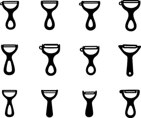 Peeler black vectors, kitchen utensil art, vegetable peeler silhouette, peeler set, set of peeler, collection of peeler, peeler black color silhouettes, peeler silhouette art vector icon design