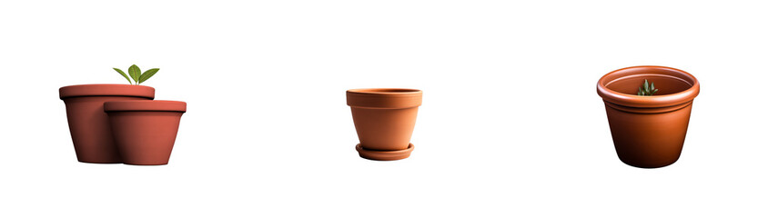 Obraz premium Terracotta planters with young plants isolated on transparent background, cut out